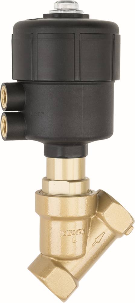 Une vanne pneumatique métallique à trois raccords en haut, utilisée dans des applications industrielles pour contrôler les flux d'air ou de gaz.