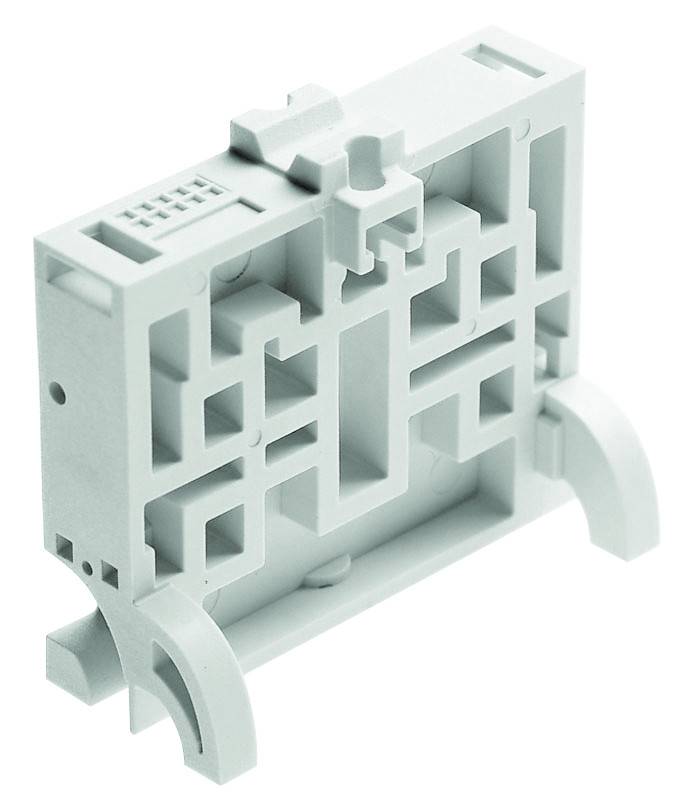 Composant électronique dans un boîtier en plastique blanc, avec des bornes et des découpes visibles, posé verticalement.