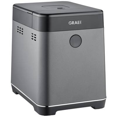 Préparateur de glaçons gris, de forme cubique, avec un couvercle noir, des fentes d'aération et une touche centrale. Marqué 'Graef'.