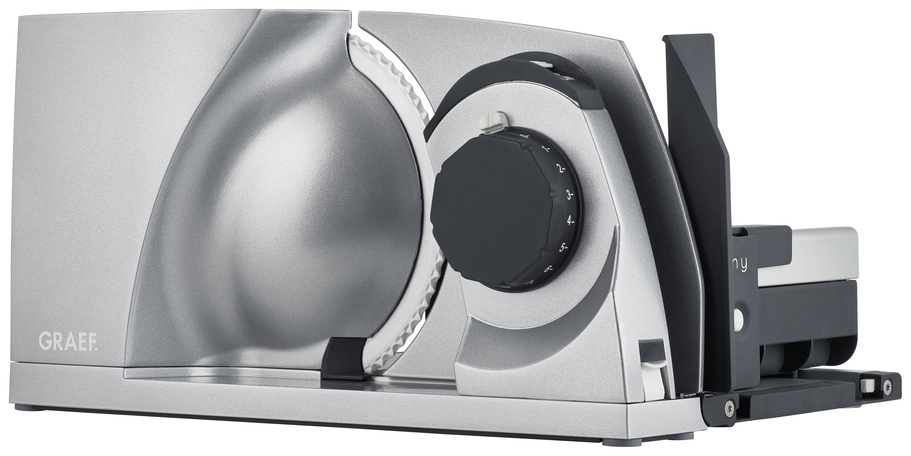 Un coupe-tout électrique argenté avec un bouton noir rotatif réglable et une lame dentelée, adapté pour couper des aliments.