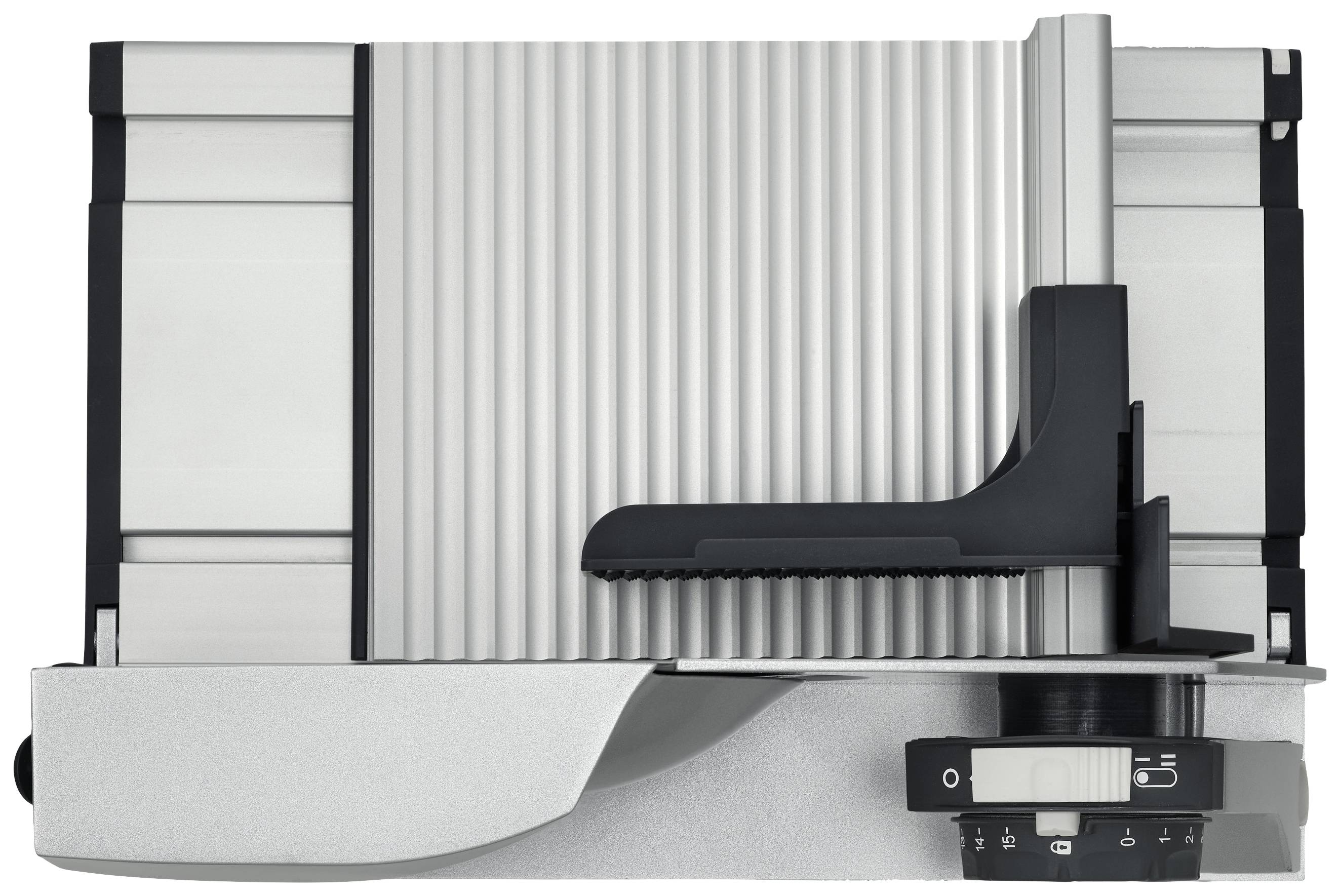 Coupe-tout électrique en argent avec poignée noire, permettant un réglage précis de l'épaisseur des tranches. Adapté pour le pain et la viande.