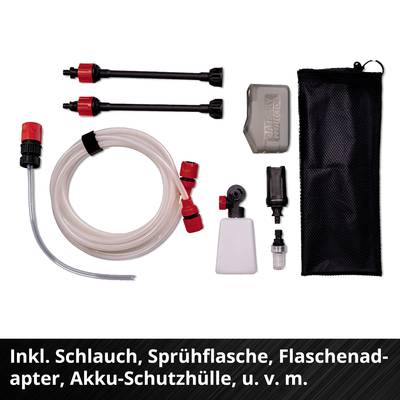 Kit d'accessoires comprenant un tuyau, une bouteille de pulvérisation, un adaptateur de bouteille, une housse de protection pour batterie et plus encore.