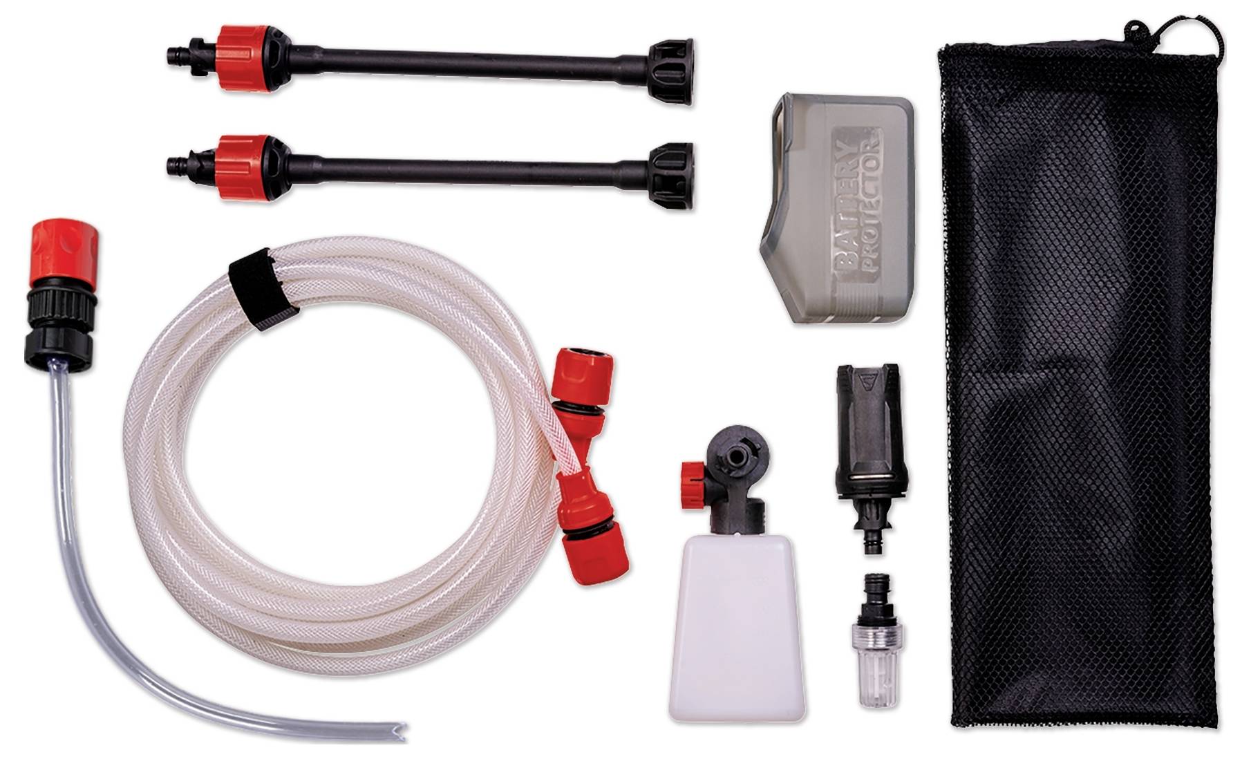 Ensemble d'accessoires de nettoyage/rinçage avec tuyaux, adaptateurs, flacon, pince et sac de rangement sur fond blanc.