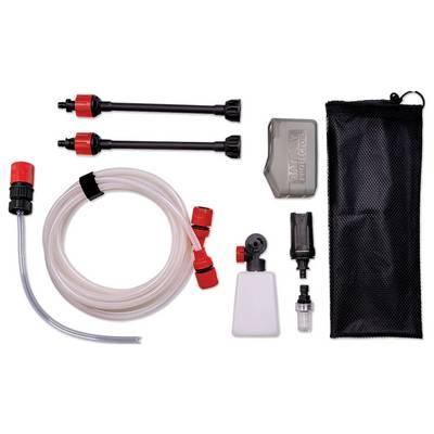 Ensemble d'accessoires de nettoyage/rinçage avec tuyaux, adaptateurs, flacon, pince et sac de rangement sur fond blanc.