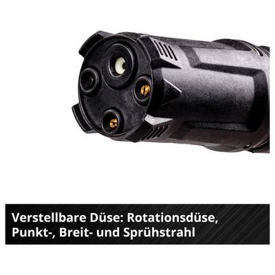 Tête de buse réglable d'un nettoyeur haute pression avec réglages pour jet rotatif, jet pointu, jet large et jet de pulvérisation.