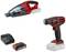 Visseuse sans fil, aspirateur, chargeur et batterie d'Einhell. Ensemble d'outils en rouge et noir, batterie combinée pour une utilisation polyvalente.