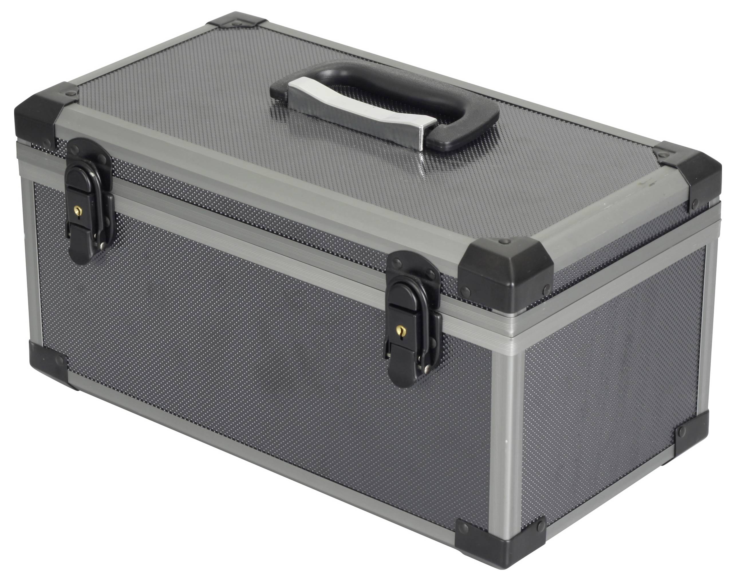 Valise rectangulaire de couleur argent avec poignée noire et fermoirs noirs. Adaptée au transport d'outils ou d'équipements.