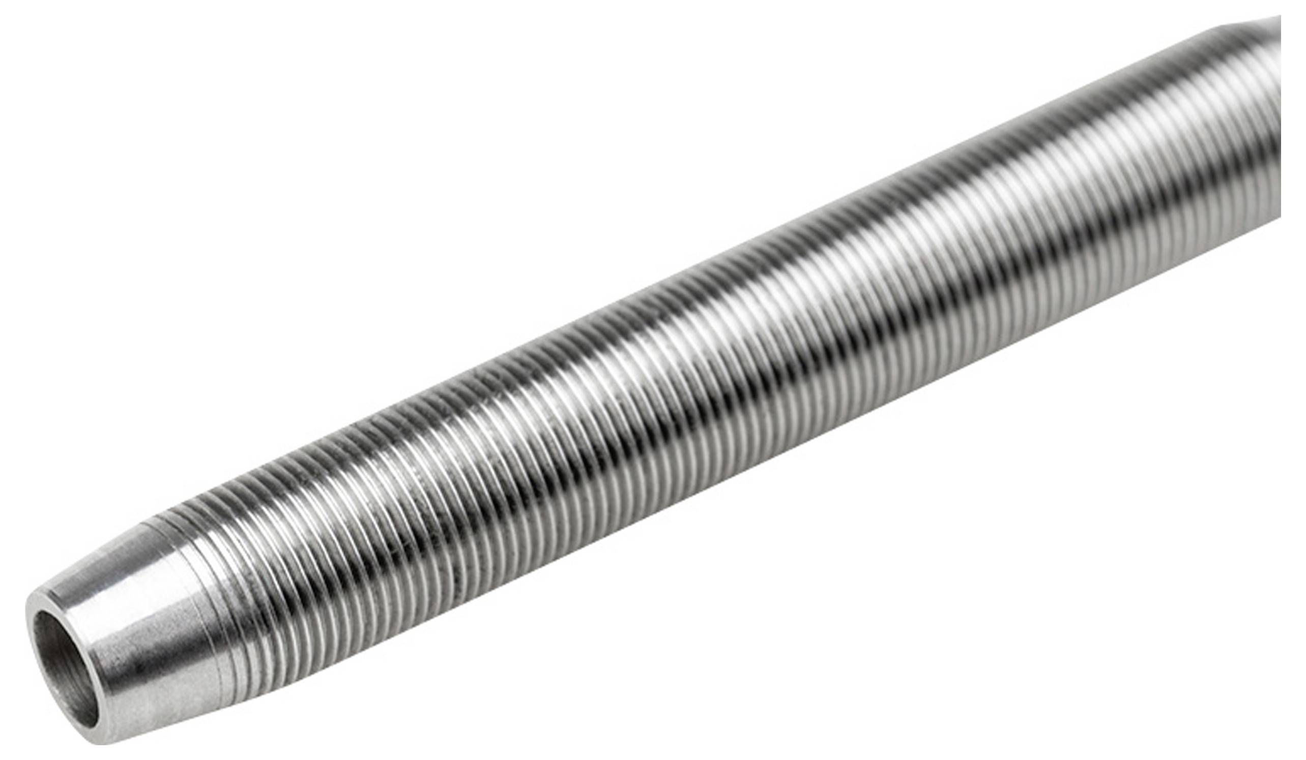 Un tube métallique cylindrique rainuré à filets.