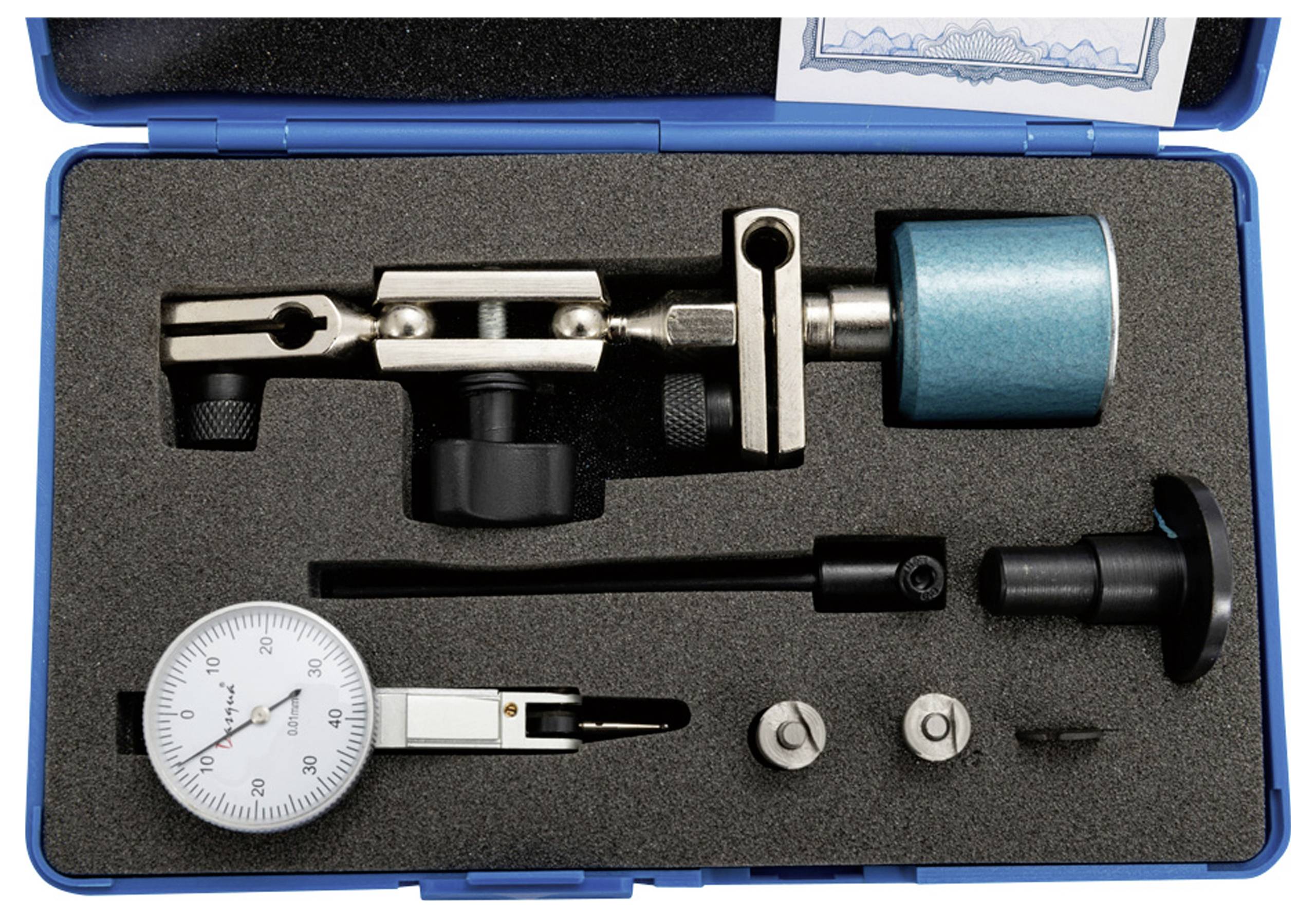 Un ensemble d'outils de mesure de précision dans un coffret avec mousse de protection, comprenant : un comparateur, des supports et des accessoires.