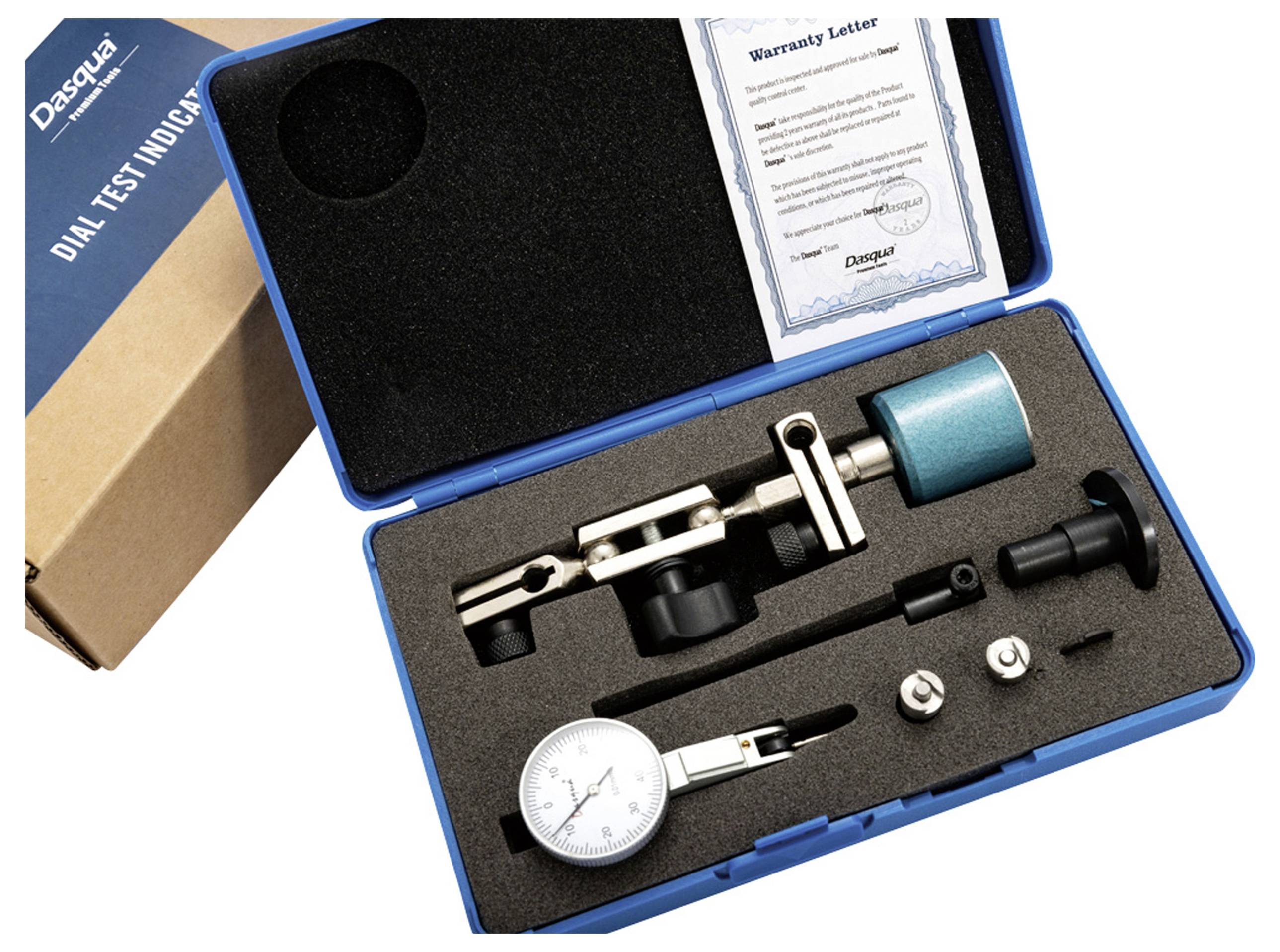 Kit de jauge à comparateur dans un étui bleu avec différentes pièces de précision, lettre de garantie et emballage d'origine.