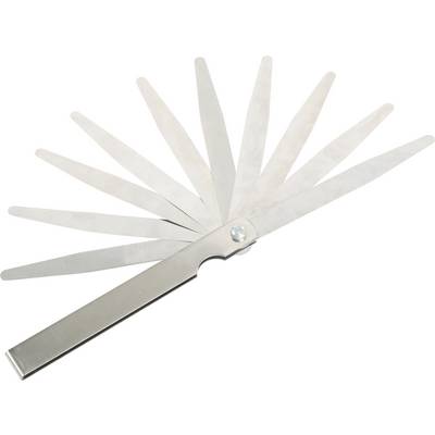 Un jeu de jauges d'épaisseur composé de plusieurs lames métalliques minces disposées en éventail. Utilisé pour mesurer la largeur des écarts.
