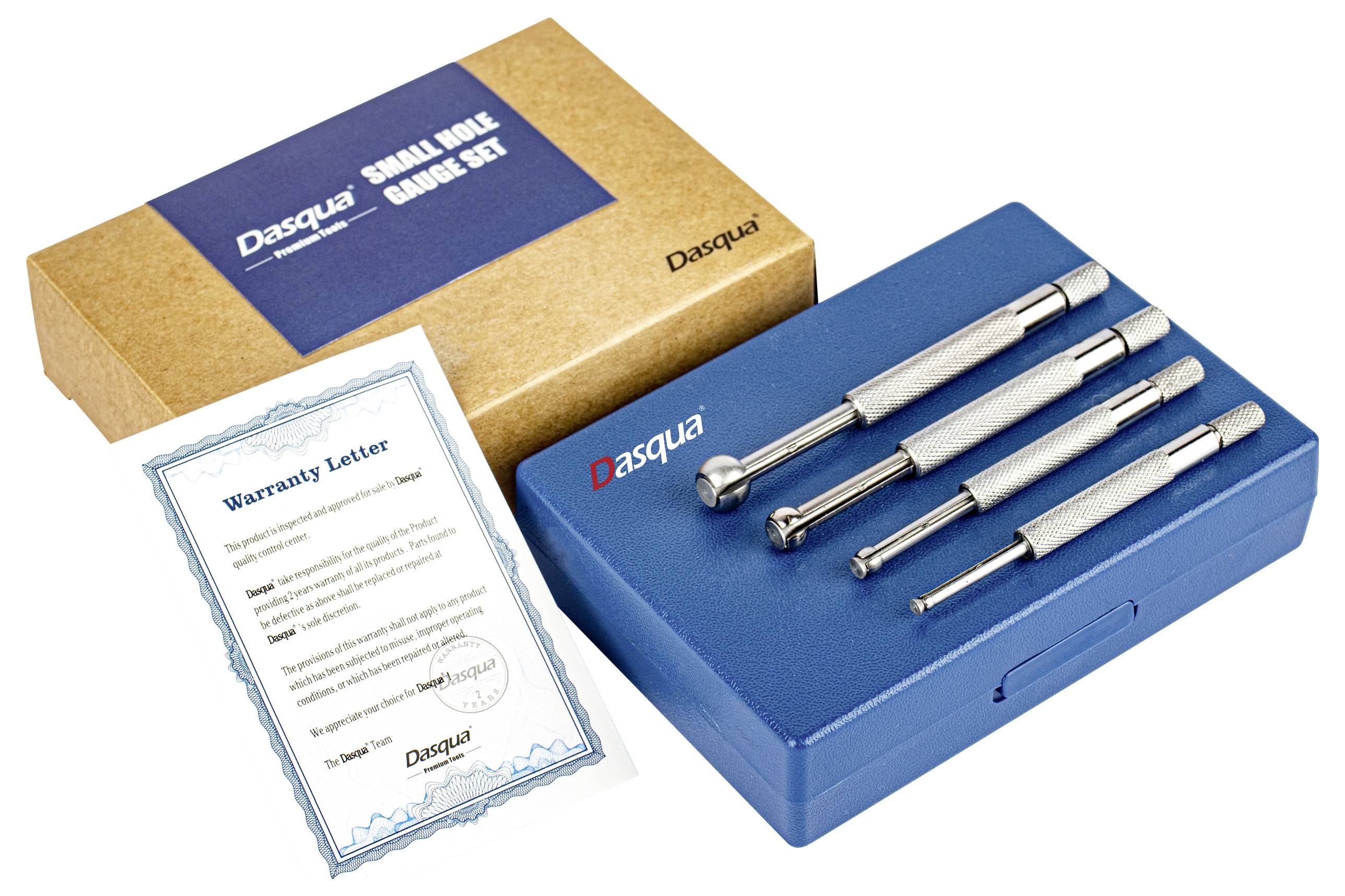 'Ensemble de dispositifs de mesure télescopiques Dasqua dans un coffret bleu avec carte de garantie et emballage marron sur fond blanc.'