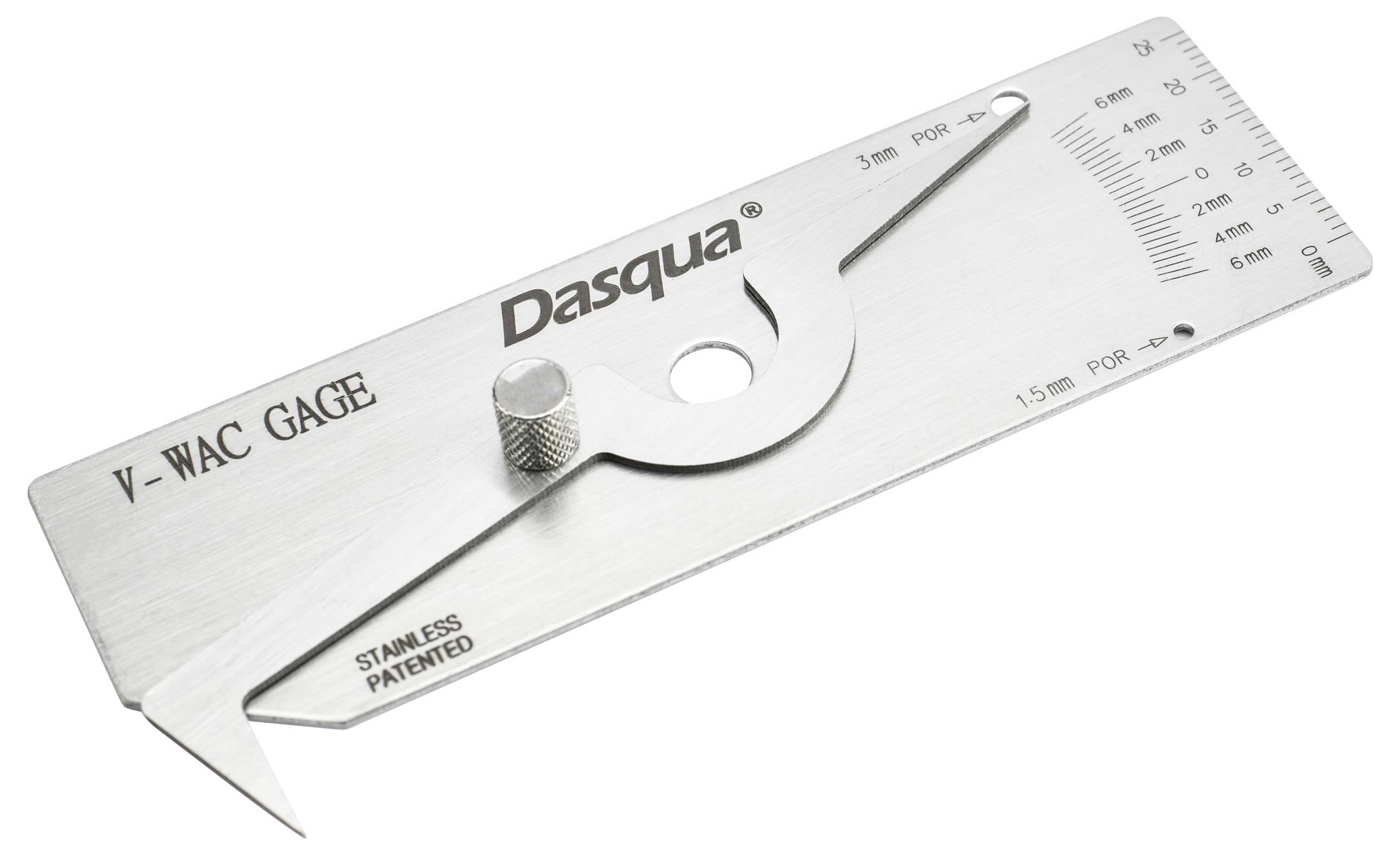 Un dispositif de mesure V-WAC en acier inoxydable pour détecter les défauts de soudure, avec des graduations et un bouton rotatif pour le réglage.