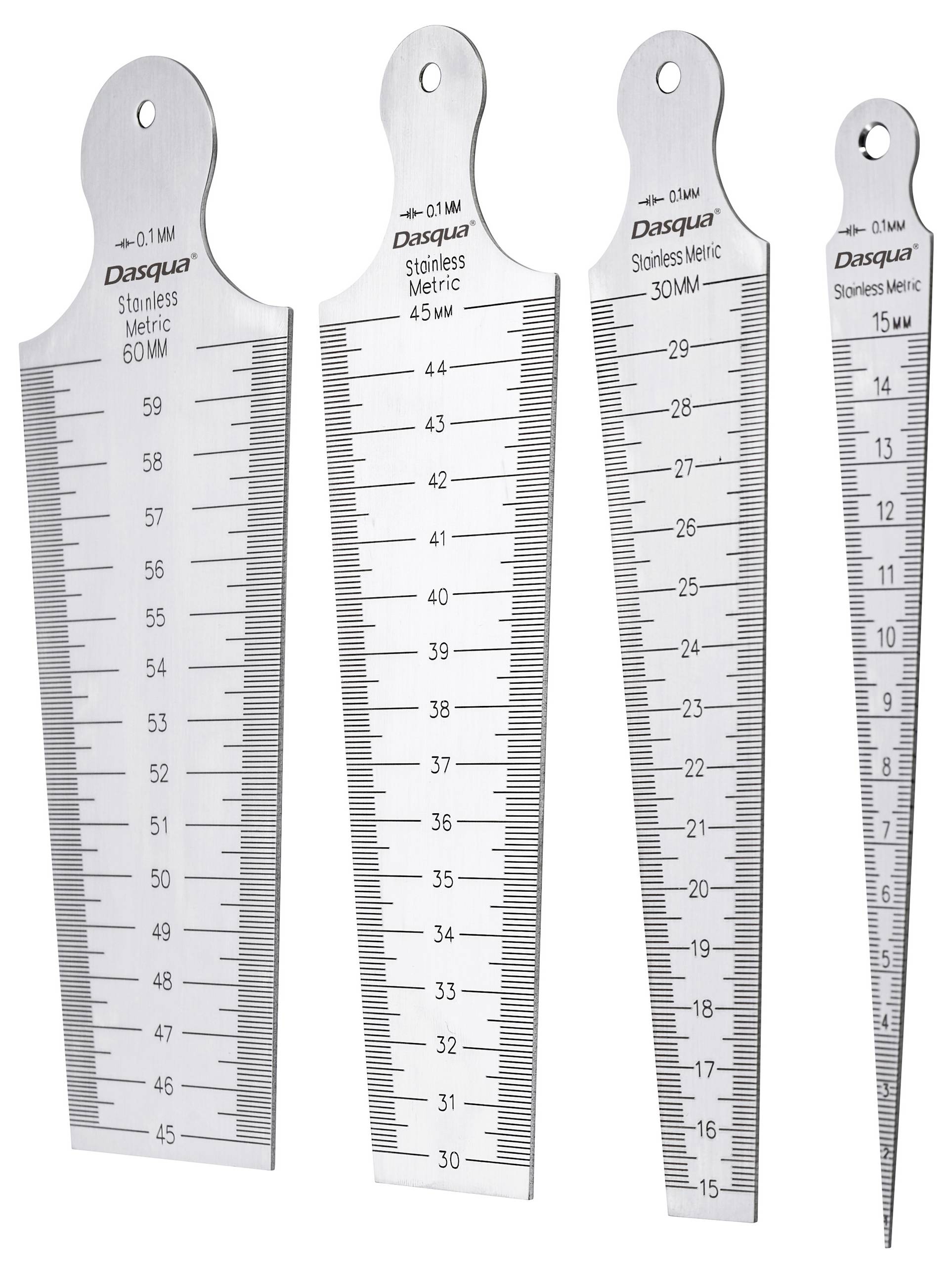 Quatre cales de précision coniques en métal avec échelle métrique en millimètres ; différentes longueurs de 15 mm à 60 mm.
