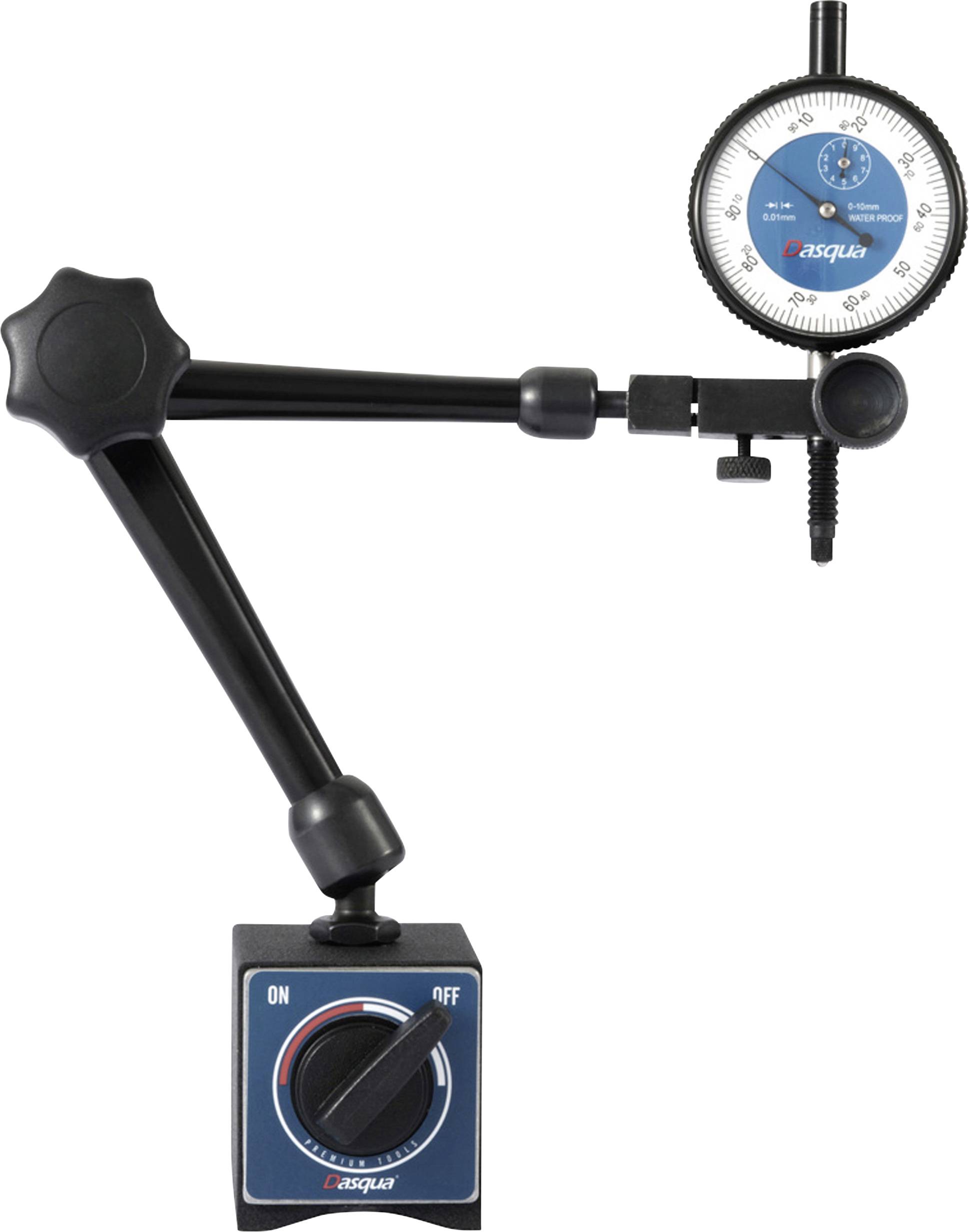 Comparateur à cadran magnétique avec bras articulé, échelle et bouton de réglage. Instrument de mesure précis pour pièces mécaniques.