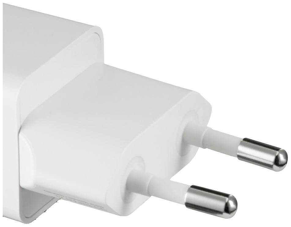 Chargeur blanc rectangulaire avec fiches européennes, adapté aux appareils électroniques.