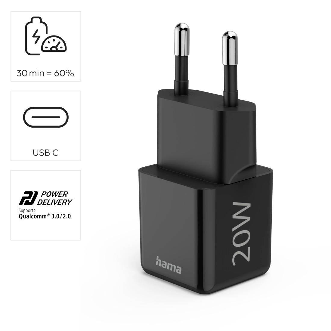 Chargeur USB-C Hama noir de 20W avec Power Delivery. Prend en charge Qualcomm 3.0/2.0. Charge : 60% en 30 minutes.