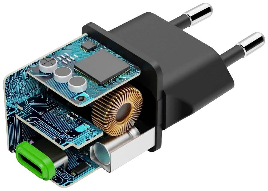 Un adaptateur ouvert révèle l'électronique interne avec des circuits imprimés et des composants tels que des bobines et des connecteurs.