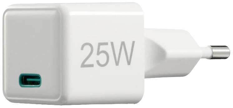 Chargeur USB-C blanc marqué '25W', montrant la fiche et le connecteur sur sa face avant.