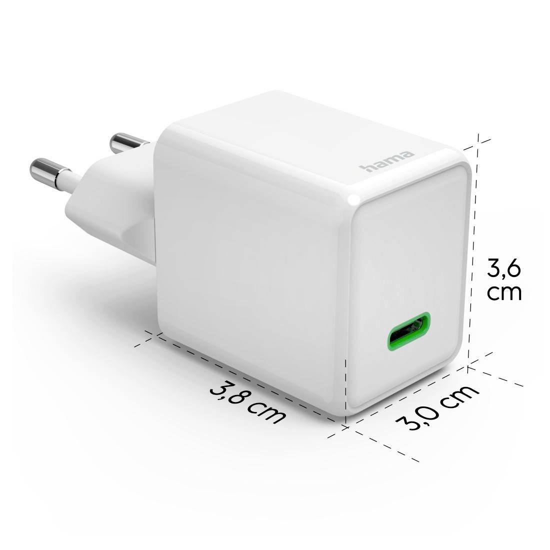 L'image représente un chargeur blanc de Hama avec port USB. Les dimensions sont de 3,8 cm x 3,0 cm x 3,6 cm.