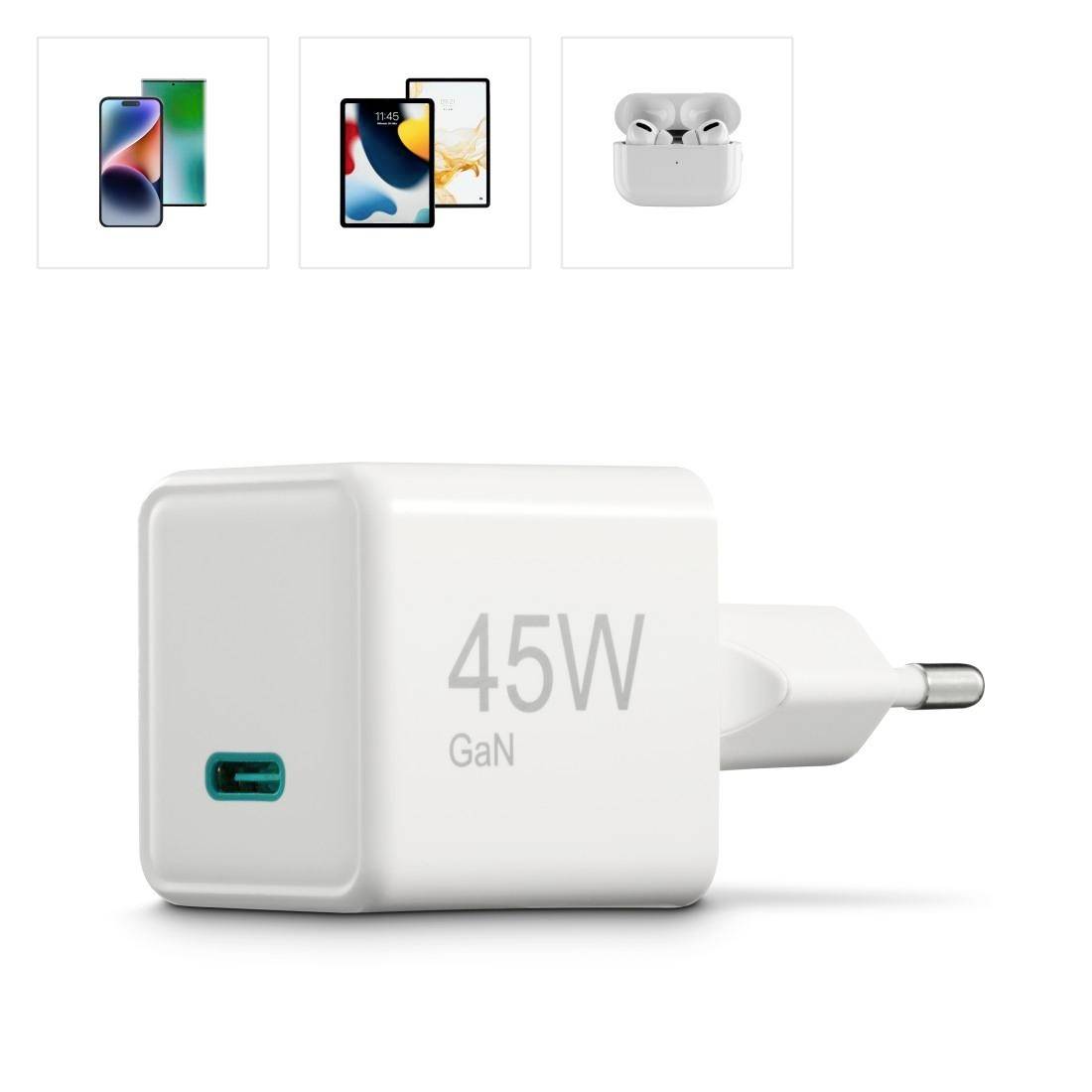 Chargeur GaN blanc de 45W. Adapté pour charger les smartphones et les écouteurs sans fil. Design compact, port USB-C.