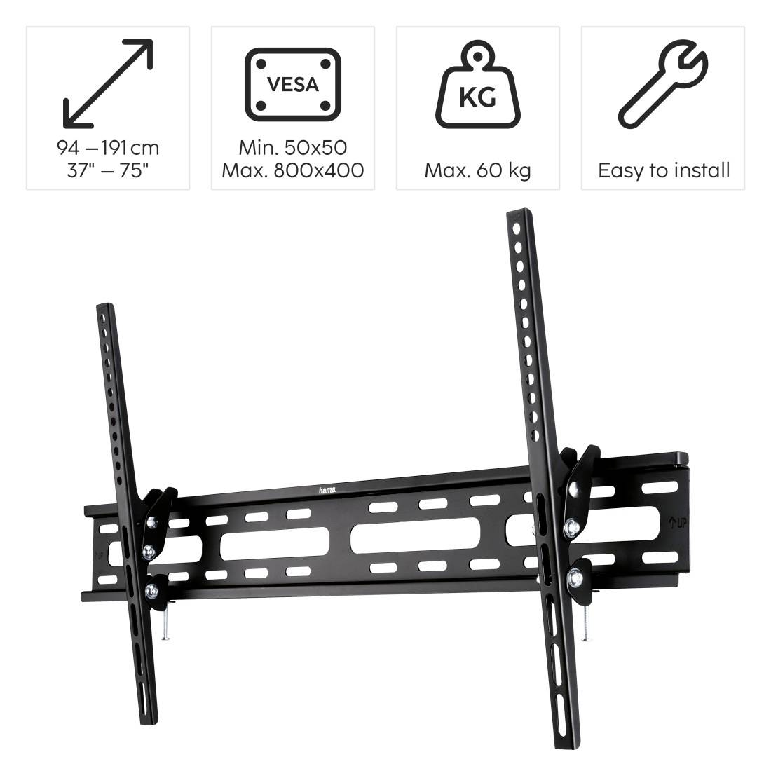 Support mural pour TV avec inclinaison ajustable, compatible avec des écrans de 37 à 75 pouces. Compatible VESA, charge maximale de 60 kg, installation facile.