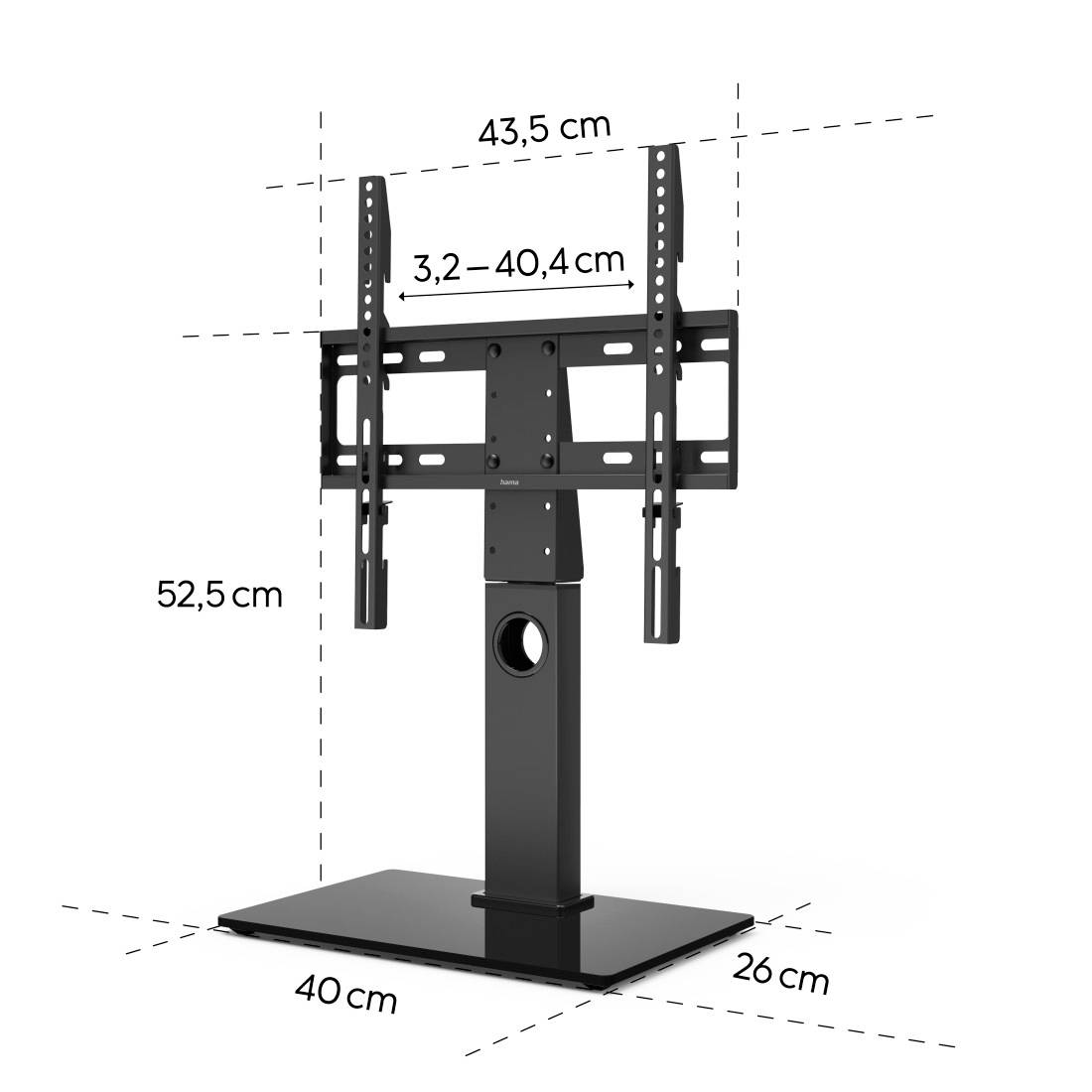 Support de télévision Dimensions : Hauteur 52,5 cm, Largeur 43,5 cm, Profondeur 40 cm (Socle 26 cm). Support réglable de 3,2 cm à 40,4 cm.