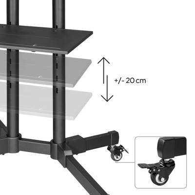 Étagère réglable en hauteur sur roulettes, ajustable de 20 cm. Idéale pour un aménagement mobilier flexible.