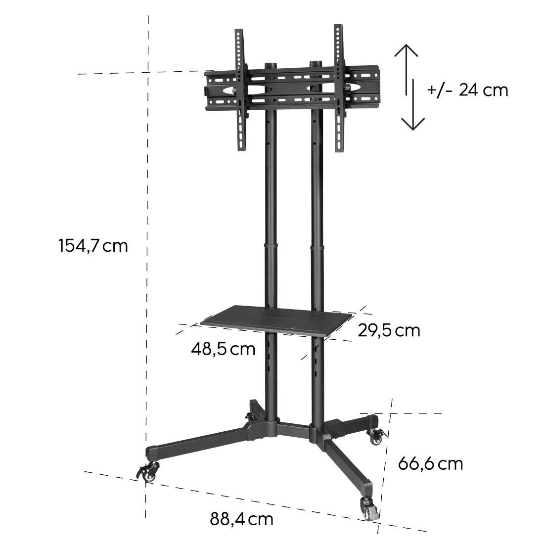 Chariot TV avec support réglable, dimensions : hauteur 154,7 cm, largeur 88,4 cm, profondeur 66,6 cm. Étagère 48,5 x 29,5 cm. Réglage en hauteur +/- 24 cm.