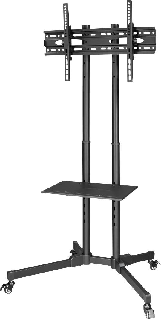 Support de télévision noir mobile avec support réglable en hauteur et tablette intermédiaire, monté sur quatre roulettes.