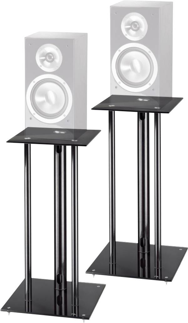 Deux enceintes blanches sur des supports noirs. Les enceintes ont un design moderne et sont disposées symétriquement côte à côte.