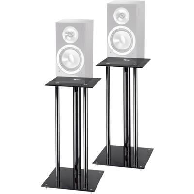 Deux enceintes blanches sur des supports noirs. Les enceintes ont un design moderne et sont disposées symétriquement côte à côte.
