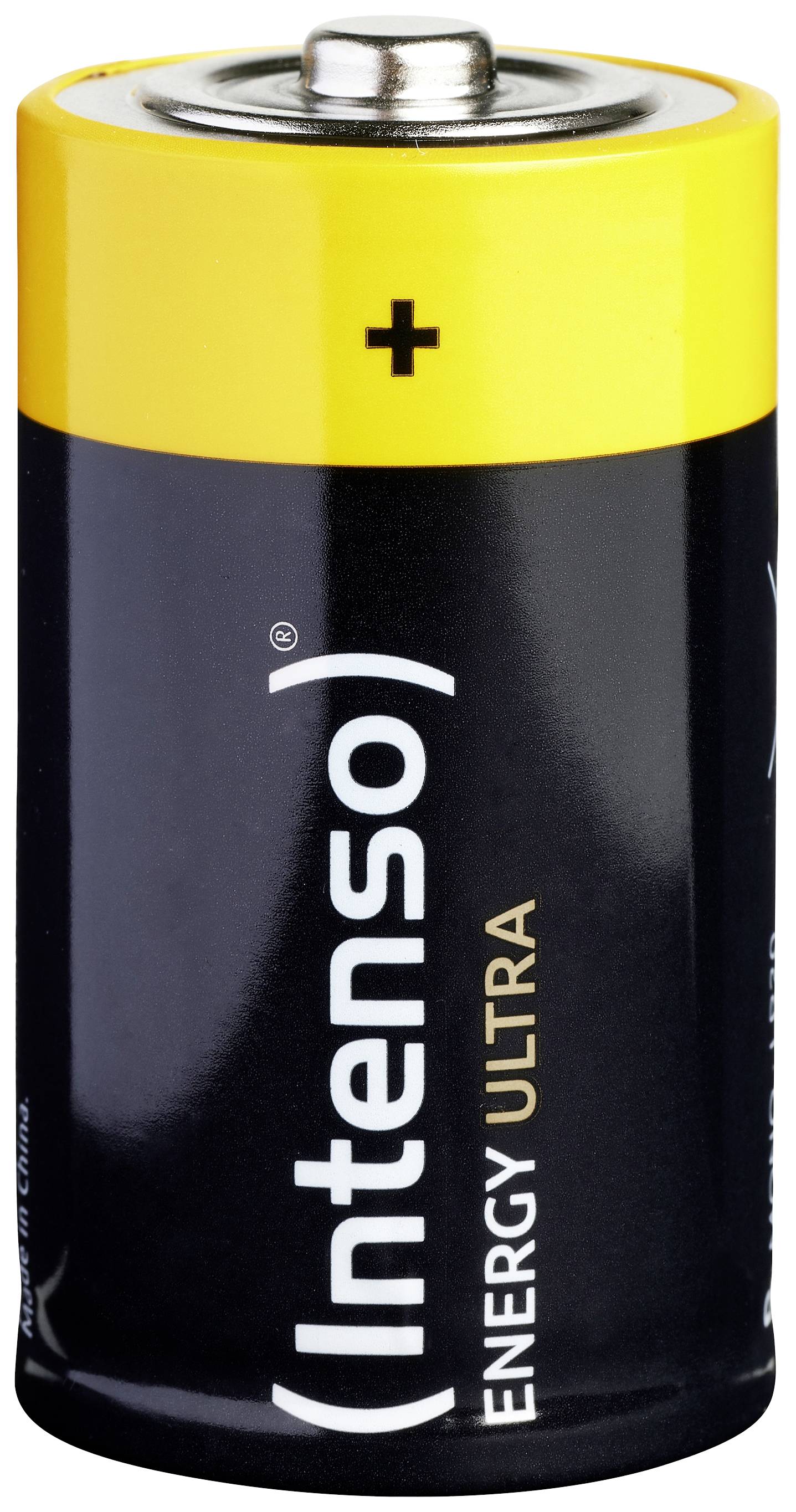 Batterie 'Intenso Energy Ultra', design jaune et noir, borne positive en haut.