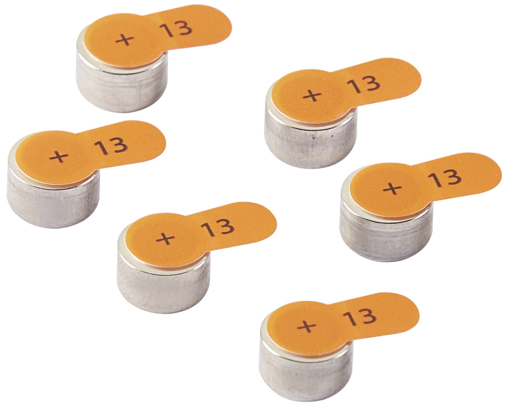 Six piles pour appareils auditifs avec languettes oranges, chacune portant l'inscription « +13 », disposées en deux rangées de trois piles.