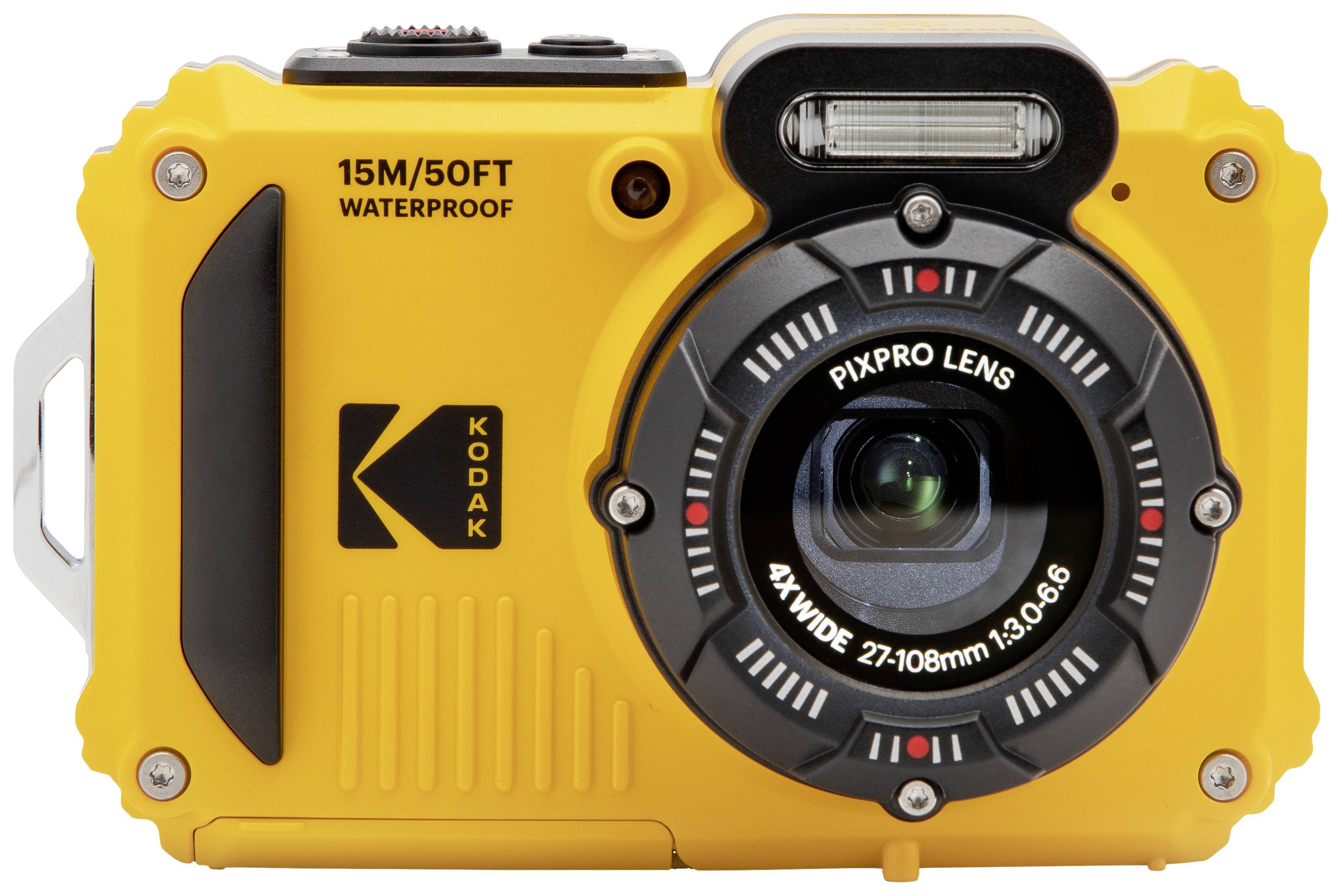 Caméra jaune étanche portant l'inscription '15M/50FT WATERPROOF' et 'KODAK'. Vue de face montrant l'objectif avec 'PIXPRO LENS'.