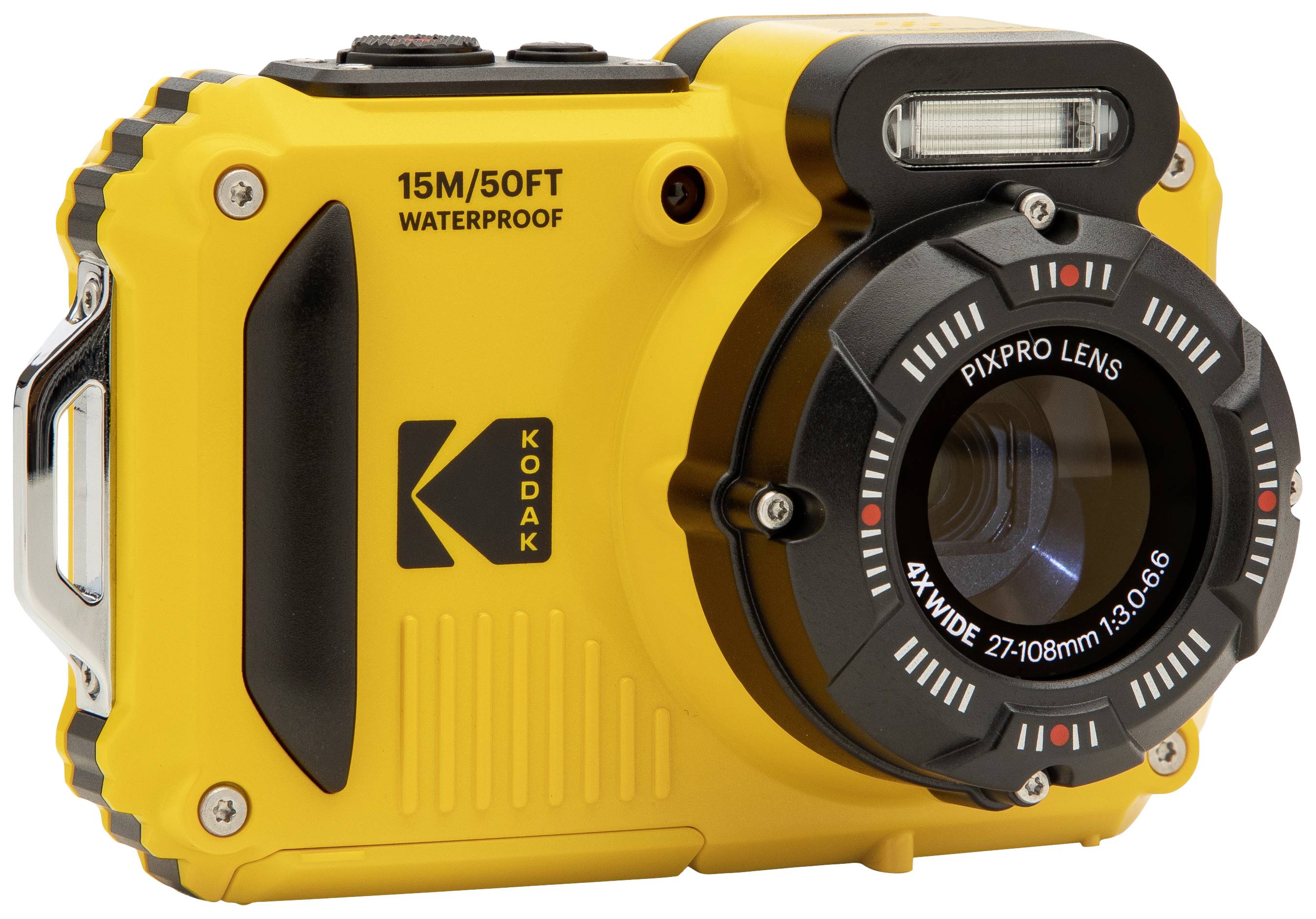 Caméra jaune étanche avec l'inscription '15M/50FT WATERPROOF', adaptée à la photographie sous-marine et aux activités de plein air.