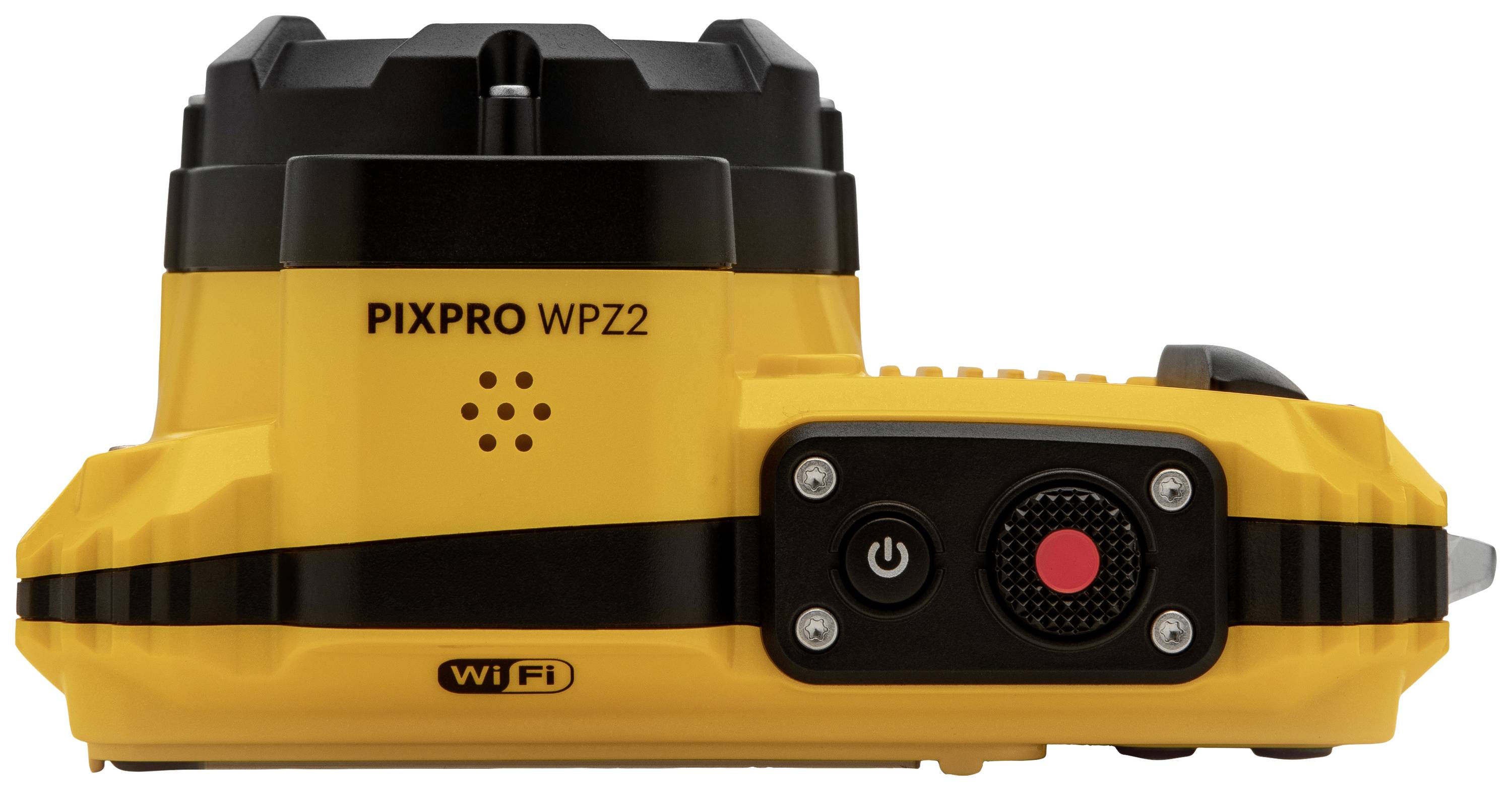 Un appareil photo jaune portant l'inscription 'PIXPRO WPZ2' et 'WiFi' sur l'avant, avec un objectif noir et des touches de commande.