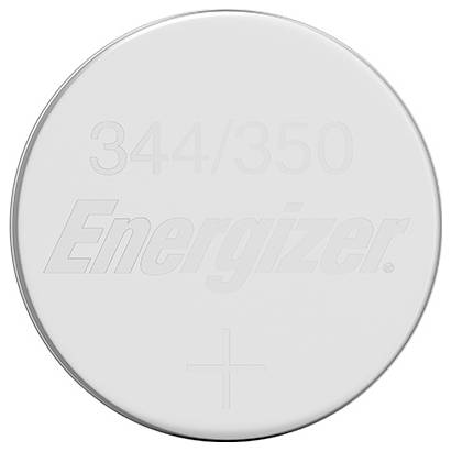 Une pile Energizer ronde et argentée portant la mention « 344/350 ».