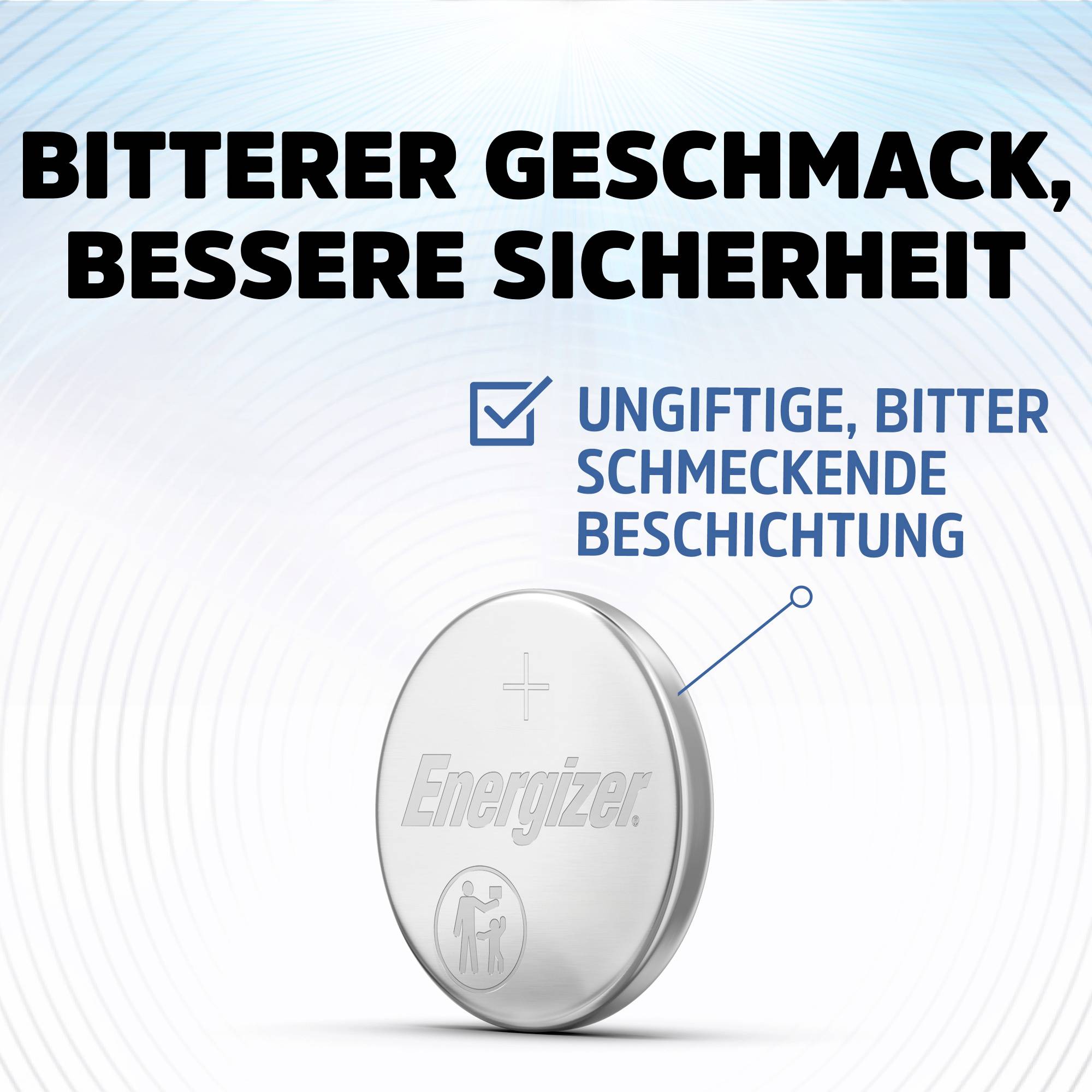 « Un goût plus amer, plus de sécurité » est inscrit en haut. En dessous, une pile bouton avec le logo « Energizer » est représentée. Le texte à côté indique : « Revêtement non toxique au goût amer ».