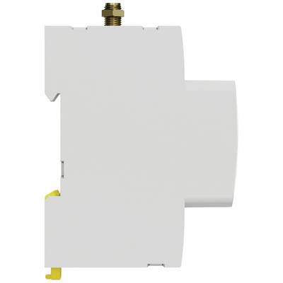 Vue unilatérale en plan d'un appareil électrique blanc, monté sur un support de rail, avec une vis dorée en haut.
