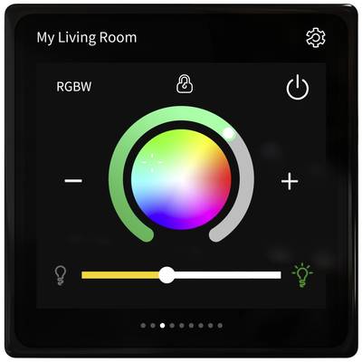 Panneau de commande intelligent avec roue chromatique pour le réglage de l'éclairage. Options de modification de la luminosité et de la couleur affichées dans le salon.
