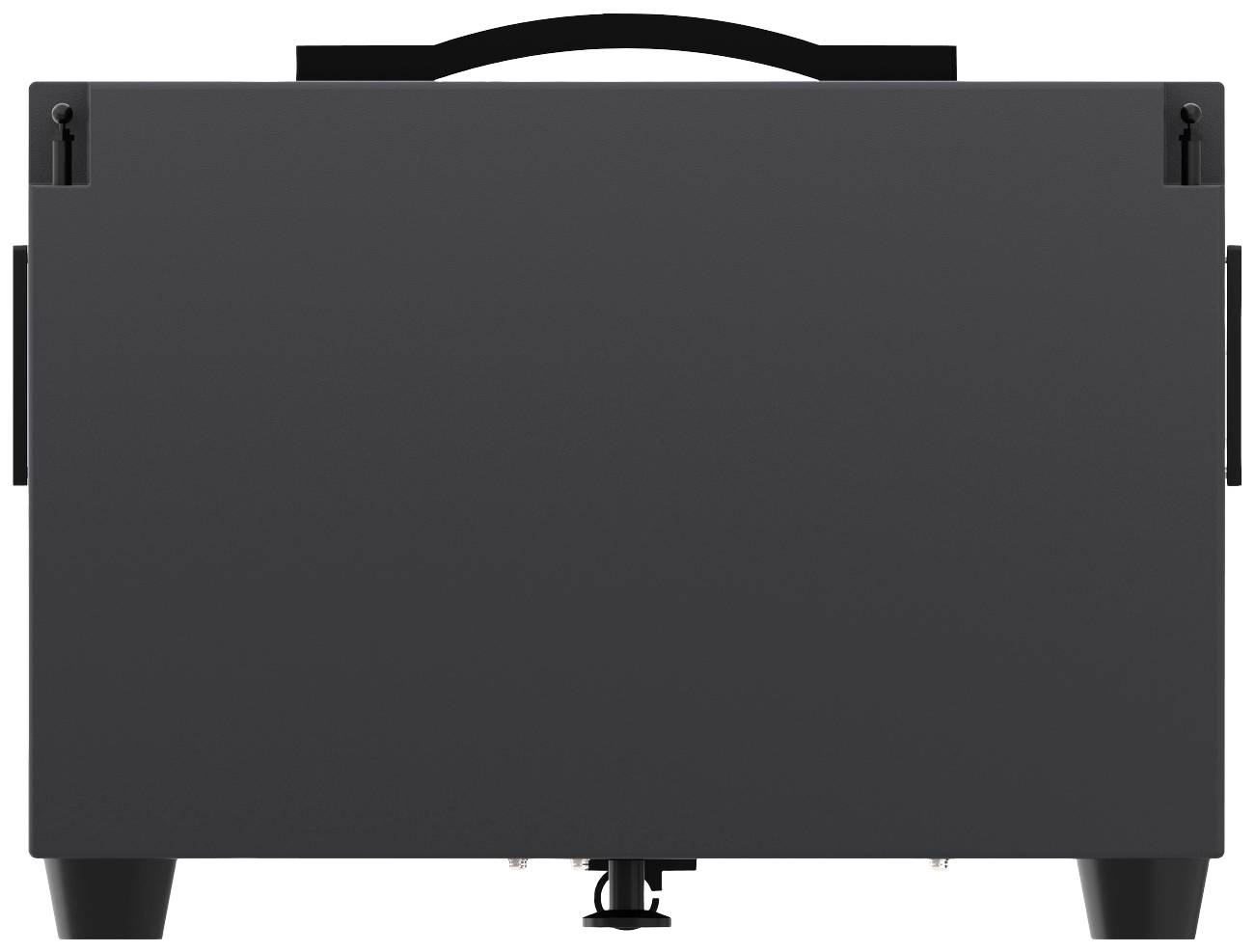Un appareil noir rectangulaire avec une poignée en haut et un petit dispositif à sa base. Il semble portable.