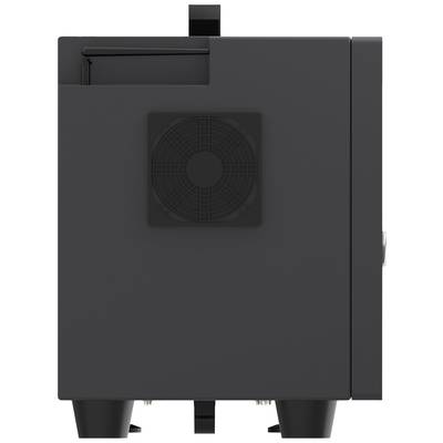 Appareil technique gris et noir vu de côté. Ventilateur et composants de connexion visibles. Fonction et taille précise non identifiables.