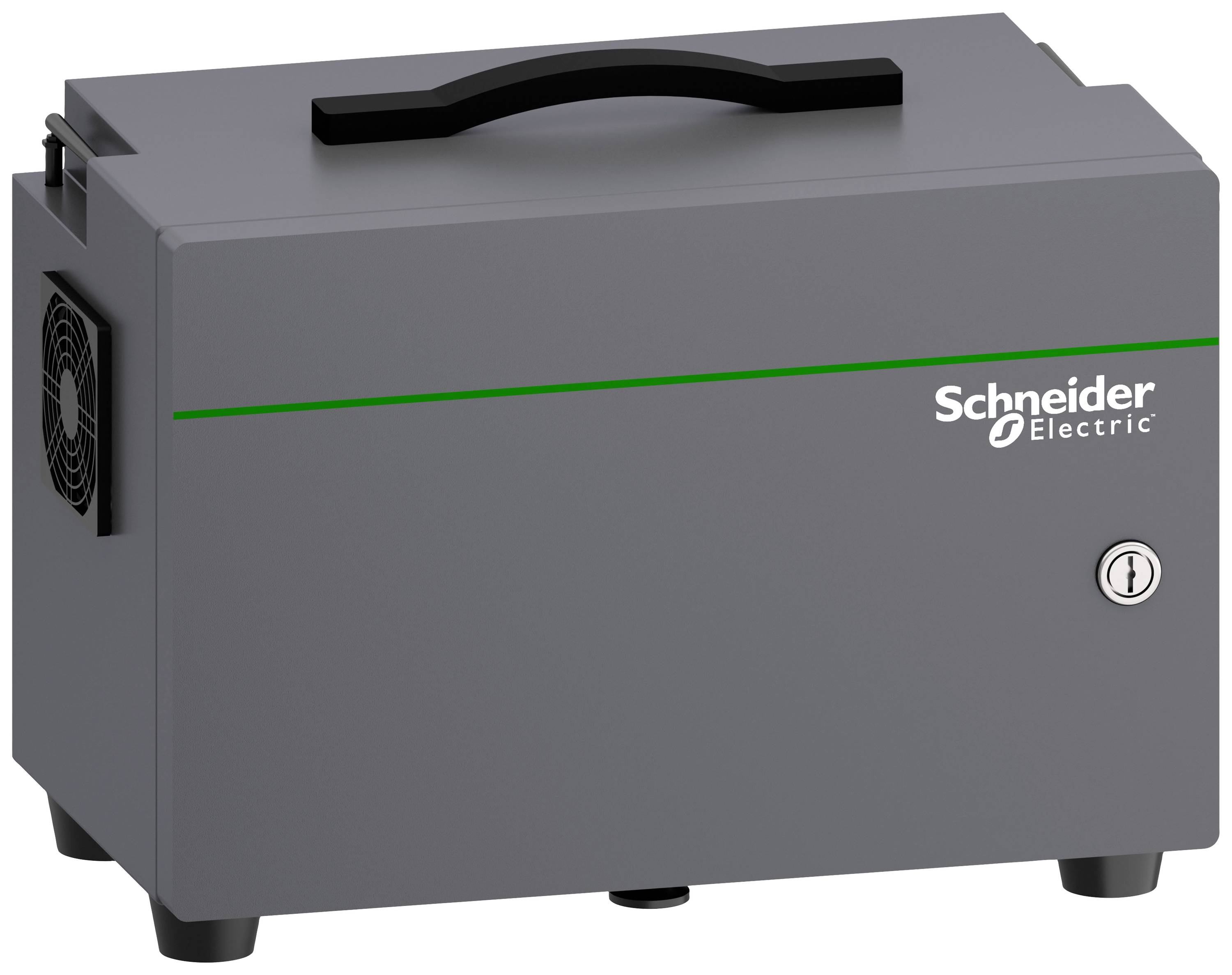 Une valise portable grise de Schneider Electric avec une poignée de transport et un symbole de verrouillage, adaptée au transport et au rangement.