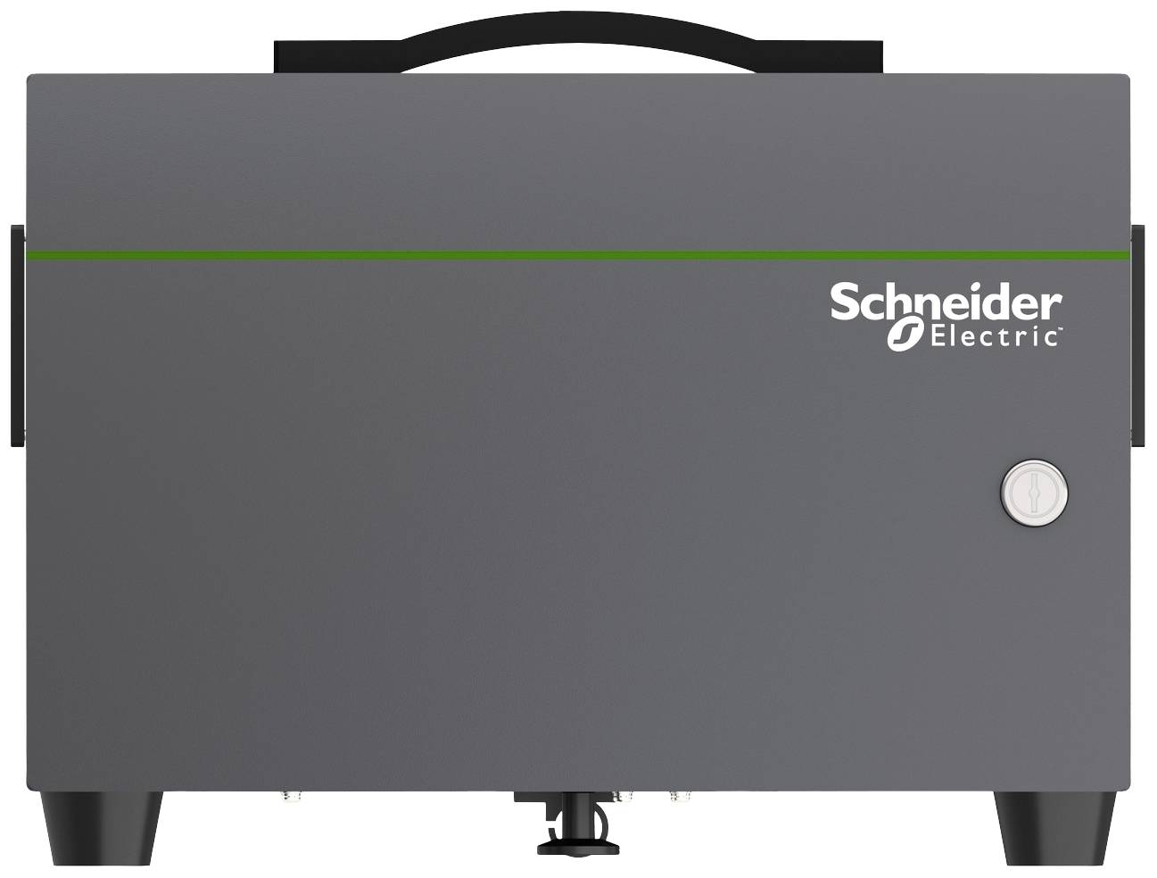 Boîtier gris de Schneider Electric avec une bande verte en haut et un petit bouton en bas à droite.