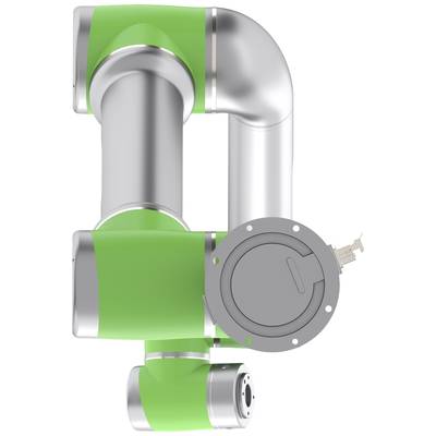 Bras robotique industriel en vert et gris, montrant ses articulations et sa pince.