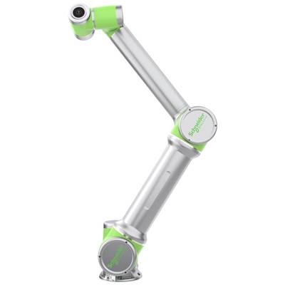 Bras de robot industriel en vert et argent avec le logo d'une entreprise sur son articulation. Le bras semble conçu pour des mouvements précis et automatisés.