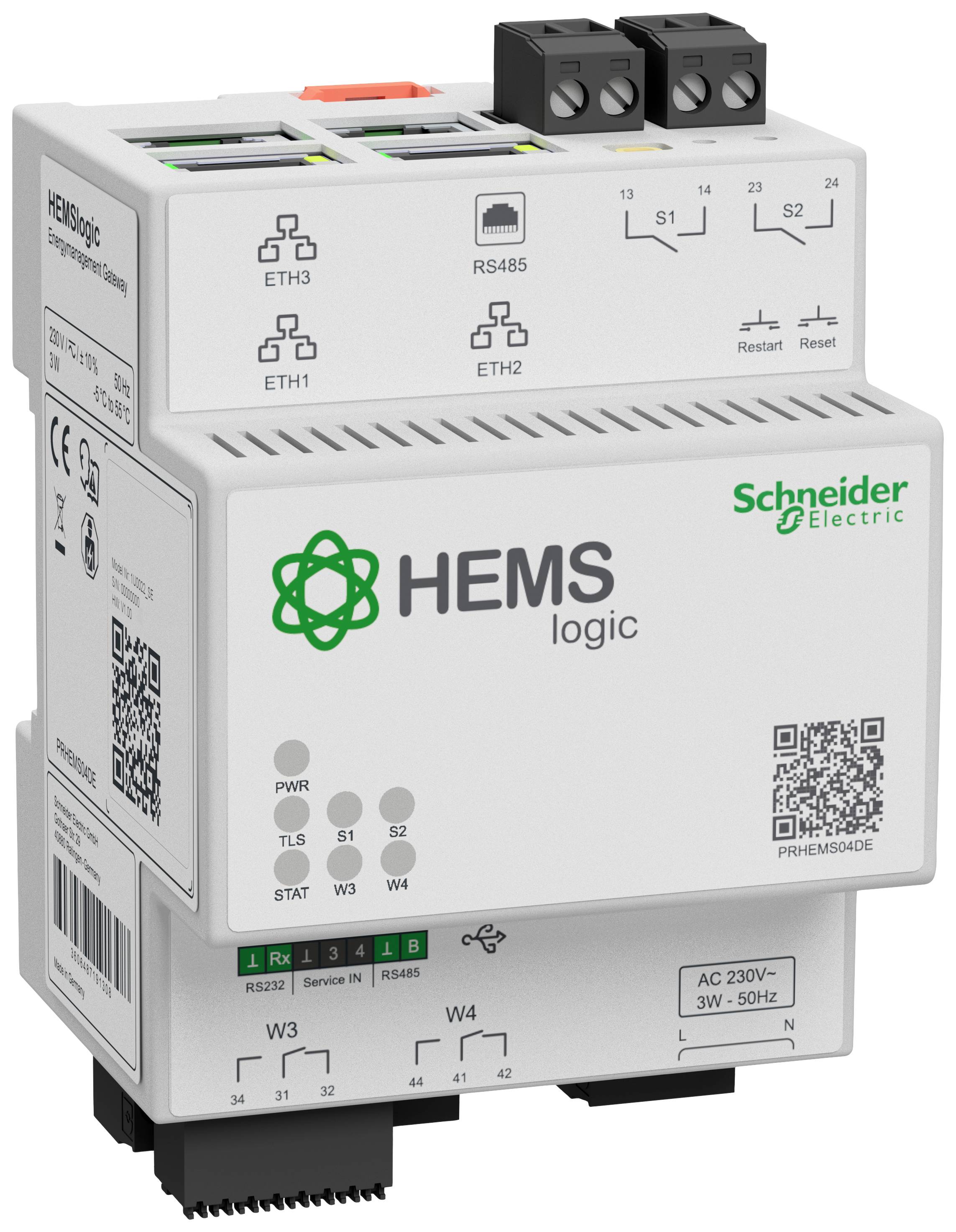 Unité de commande logique 'HEMS' de Schneider Electric avec connexions Ethernet et RS485, diverses LED de statut et boutons de réinitialisation.