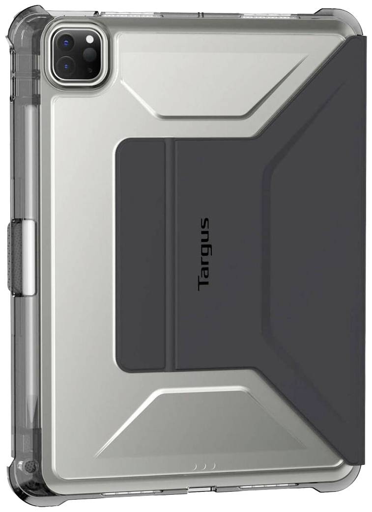 Une housse argentée pour tablette avec un accent noir, conçue pour une stabilité et une protection renforcées.