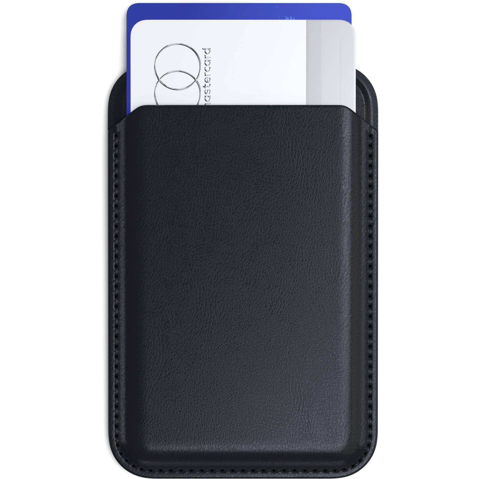 Étui en cuir noir pour cartes avec deux cartes de crédit qui dépassent, l'une blanche portant l'inscription 'Mastercard' et l'autre bleue.